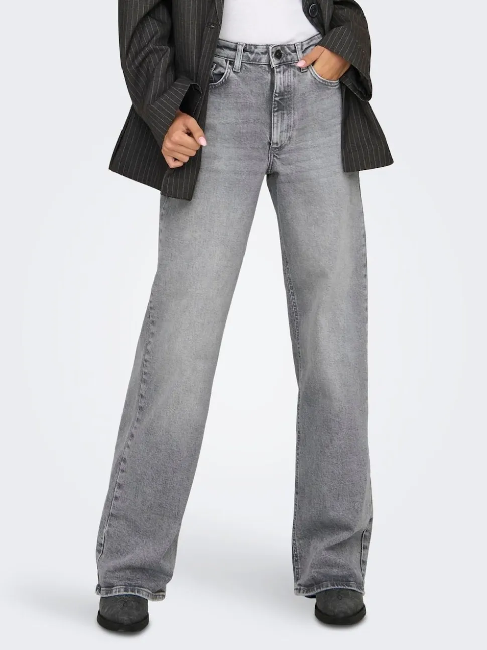 Gris - Only Taille haute Ample 100% Coton Jeans