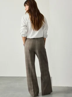 Gris - Pantalon coupe large taille haute brossé à carreaux
