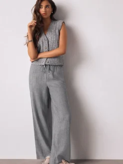 Gris - Pantalons ceinturés à jambes larges en laine