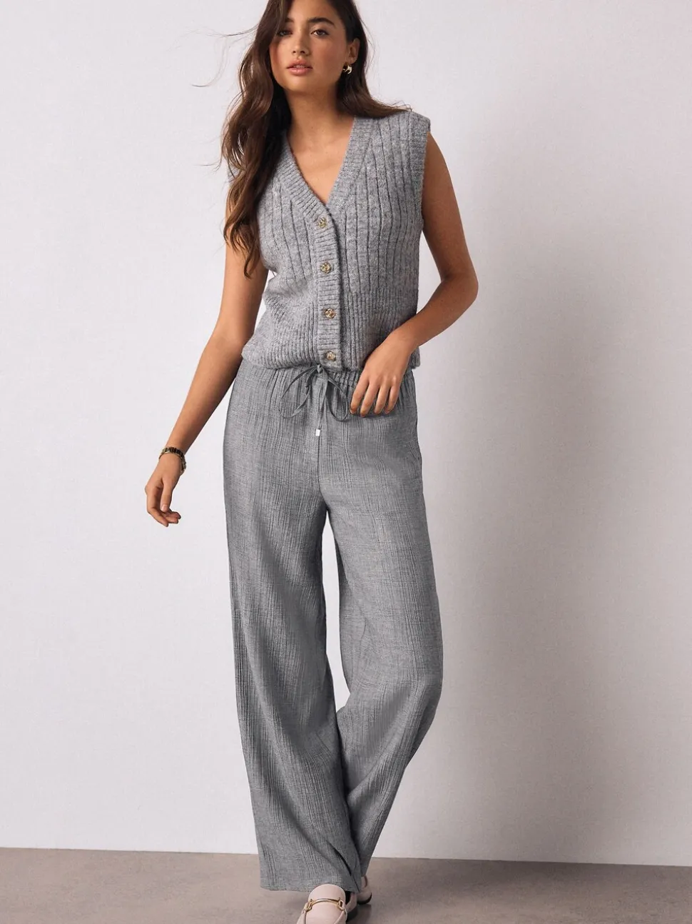 Gris - Pantalons ceinturés à jambes larges en laine