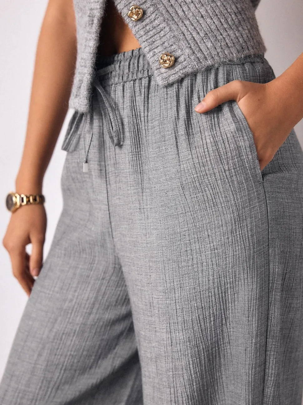 Gris - Pantalons ceinturés à jambes larges en laine