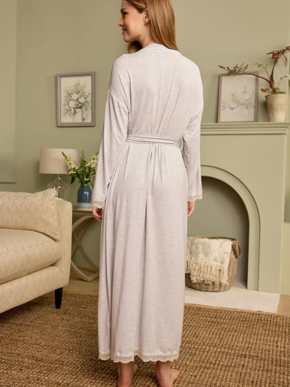 Gris - Peignoir Laura Ashley en modal bordé de dentelle