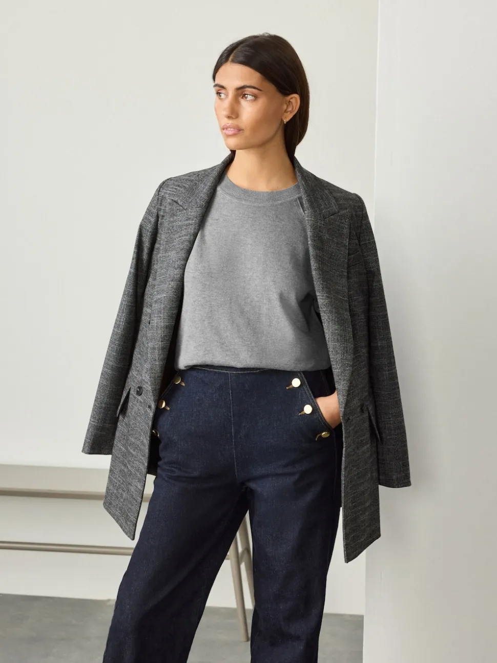 Gris - Pull col rond riche en coton au toucher doux