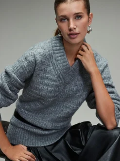 Gris - Pull long côtelé à col en V en laine