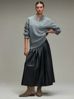 Gris - Pull long côtelé à col en V en laine