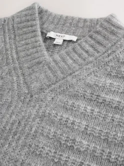 Gris - Pull long côtelé à col en V en laine