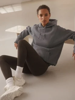 Gris - Sweat-shirt à capuche long actif à coutures apparentes ultra-doux avec poches