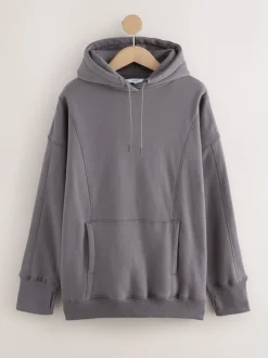 Gris - Sweat-shirt à capuche long actif à coutures apparentes ultra-doux avec poches