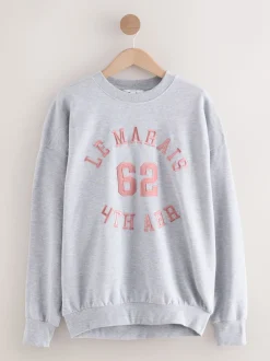 Gris - Sweat-shirt à col rond à manches longues en satin appliqué 'Le Marais' City