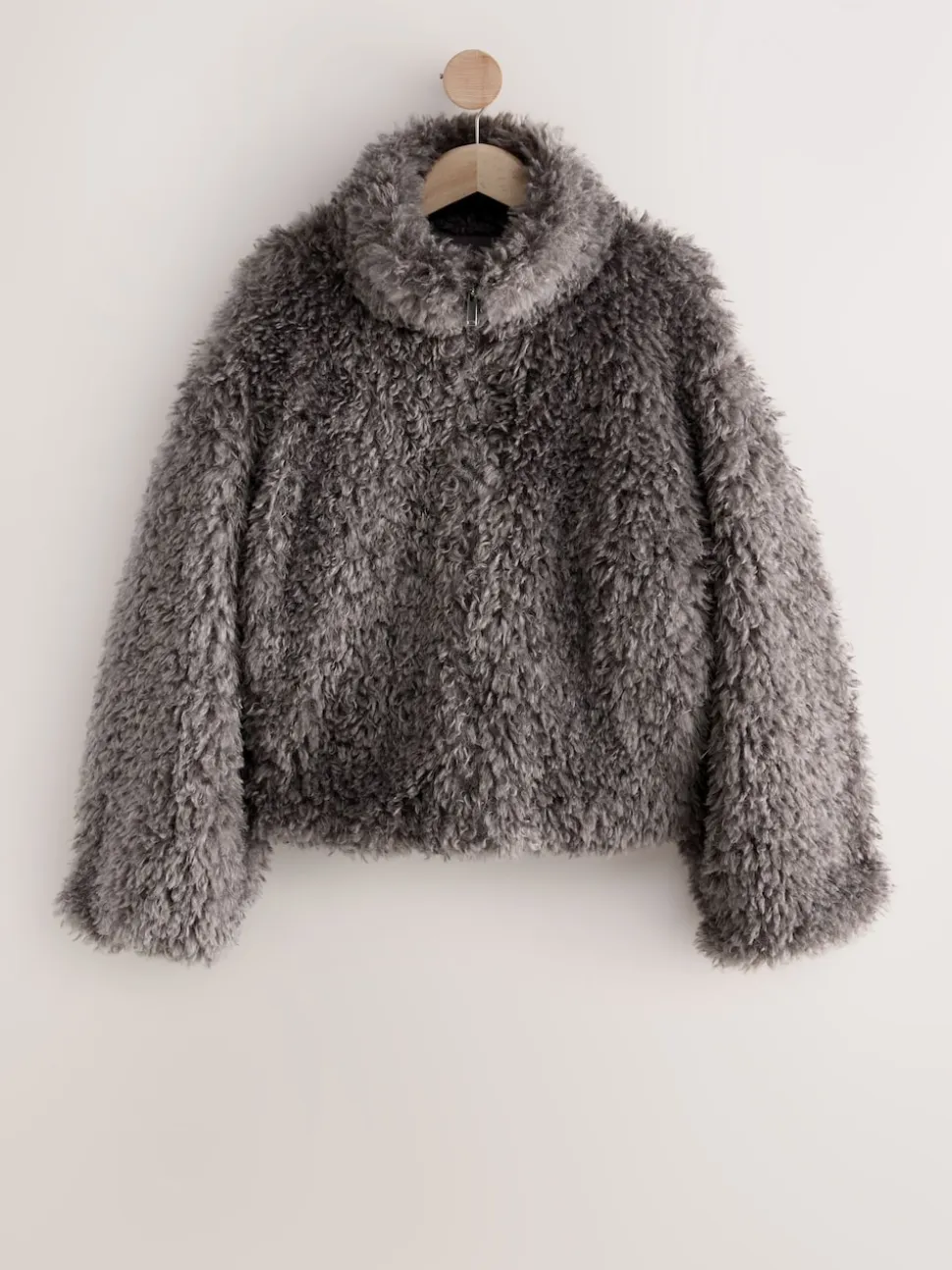 Gris - Veste zippée à col cheminée en fausse fourrure