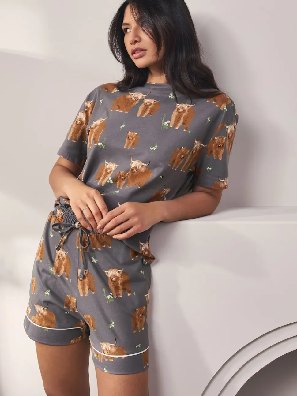 Gris anthracite Hamish the Highland Cow - Pyjamas ensemble shorts en 100 % coton