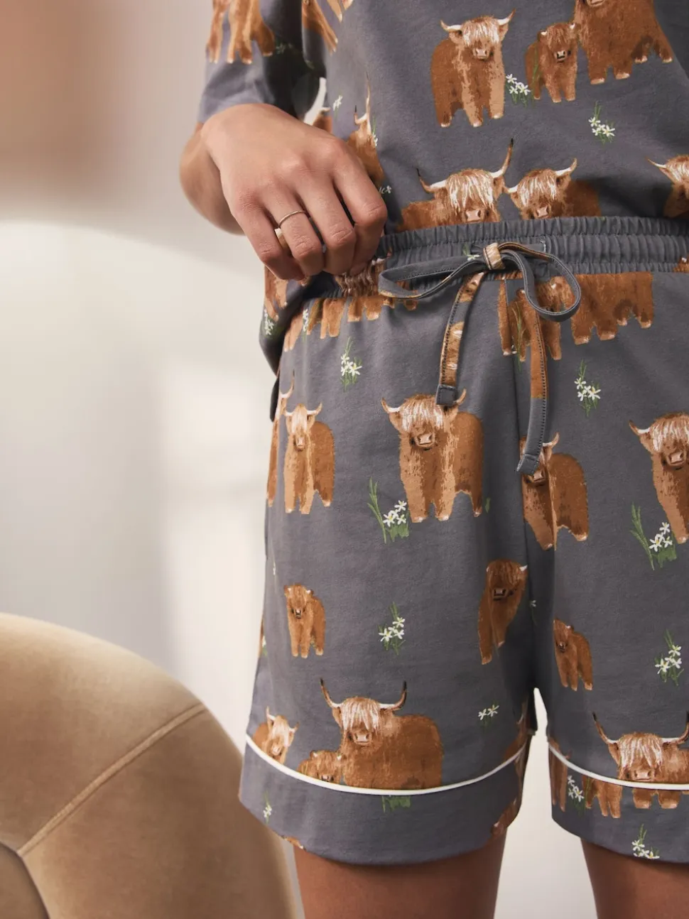 Gris anthracite Hamish the Highland Cow - Pyjamas ensemble shorts en 100 % coton