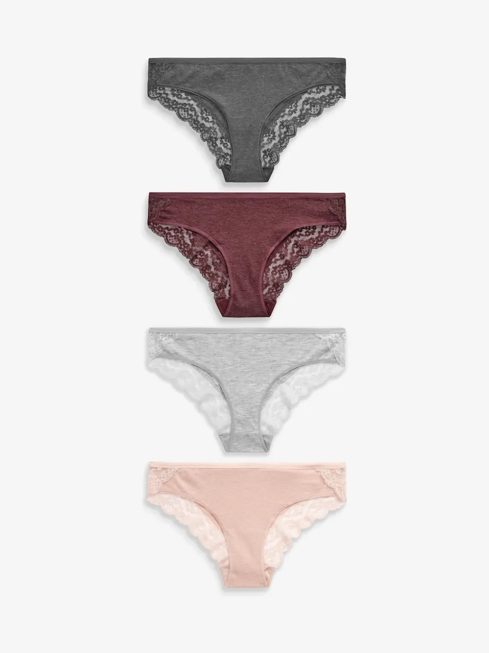 Gris chiné/rose/prune - Lot de 4 culottes en coton et dentelle