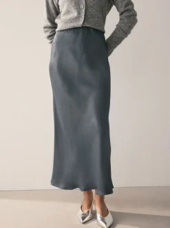 Gris de charbon de bois - Jupe Midi Satin