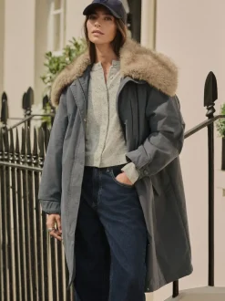 Gris de charbon de bois - Parka haut de gamme avec col en fausse fourrure