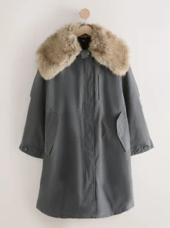 Gris de charbon de bois - Parka haut de gamme avec col en fausse fourrure