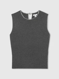 Gris de charbon de bois - Débardeur Reiss Nina en maille de laine Mélange à bordure en collier