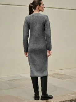 Gris de charbon de bois - Robe mi-longue très douce à col en V en laine