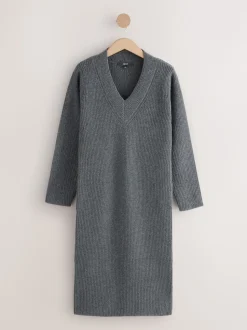 Gris de charbon de bois - Robe mi-longue très douce à col en V en laine