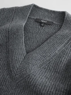 Gris de charbon de bois - Robe mi-longue très douce à col en V en laine