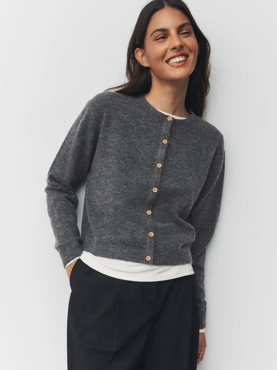 Gris foncé - Cardigan tricoté à Col rond en laine