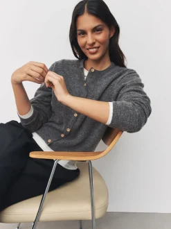 Gris foncé - Cardigan tricoté à Col rond en laine