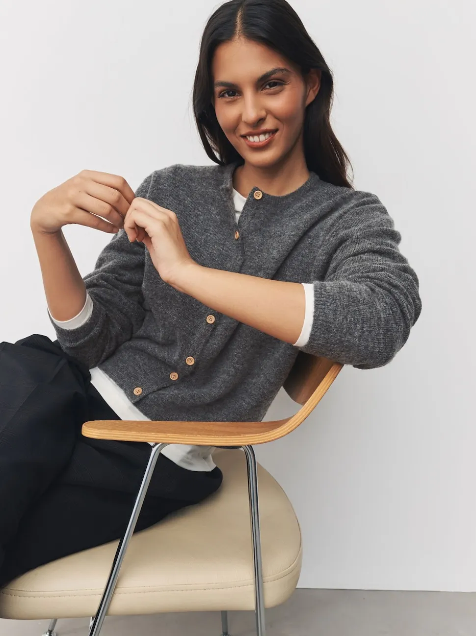 Gris foncé - Cardigan tricoté à Col rond en laine