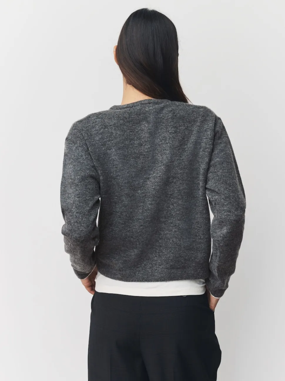 Gris foncé - Cardigan tricoté à Col rond en laine