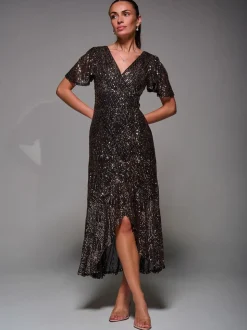 Ground noires - Robe longue Jolie Moi à manches ange à sequins et ourlet à volants