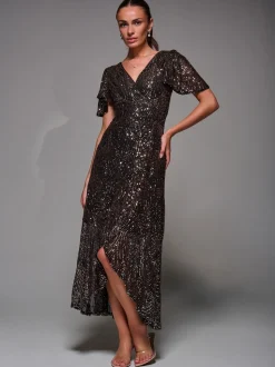 Ground noires - Robe longue Jolie Moi à manches ange à sequins et ourlet à volants