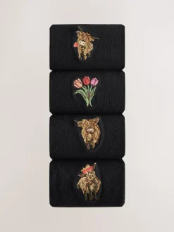 Hamish The Highland Cow / Tulipes - Chaussettes à motif brodé 4 Pack