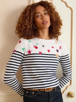 Haut brodé Love & Roses rayé