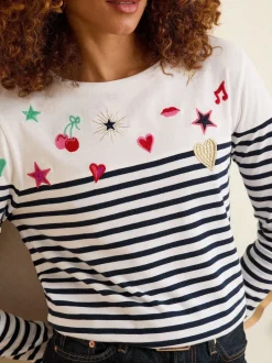 Haut brodé Love & Roses rayé