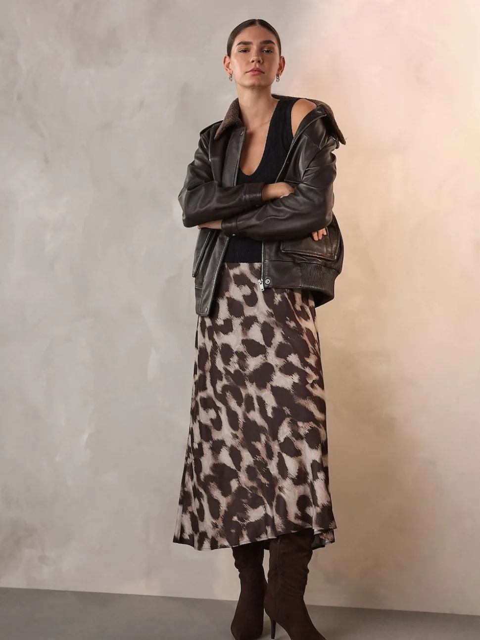 Impression animale brune - Jupe Midi Satin