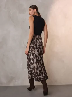 Impression animale brune - Jupe Midi Satin