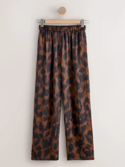 Impression animale brune - Pantalons à jambe large en satin effet froissé