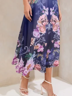 Impression bleue - Robe mi-longue Lipsy ombre imprimé floral à manches tulipes