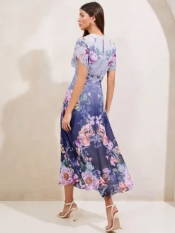 Impression bleue - Robe mi-longue Lipsy ombre imprimé floral à manches tulipes