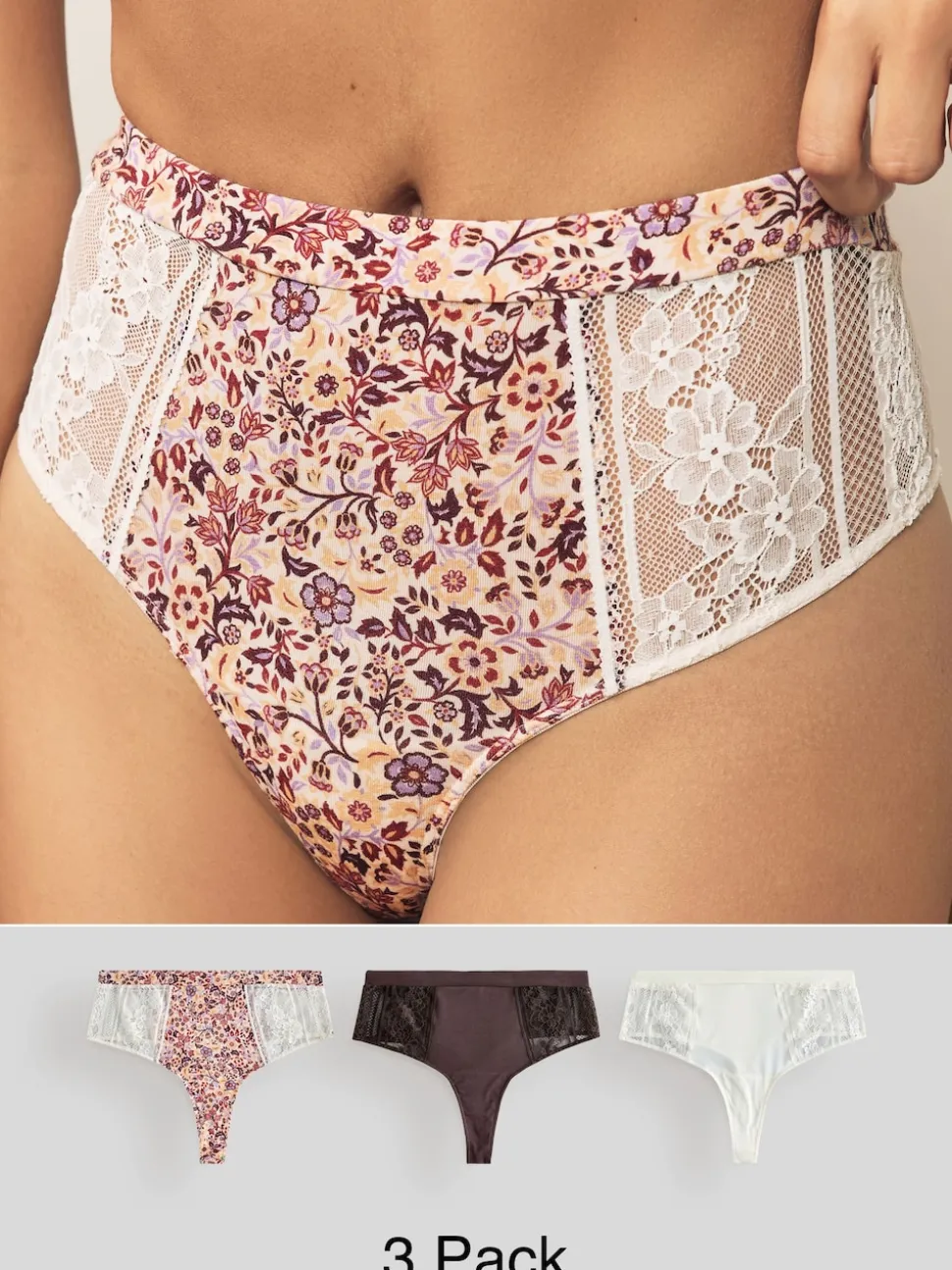 Impression florale - Lot de 3 culottes en modal et dentelle
