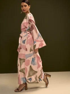 Impression florale rose - Robe longue caftan à col en V 3/4