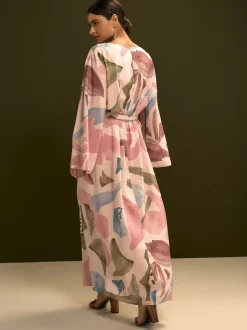 Impression florale rose - Robe longue caftan à col en V 3/4