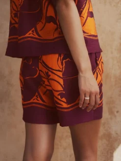 Imprimé bordures exotiques orange/bordeaux - Short de villégiature à taille élastique