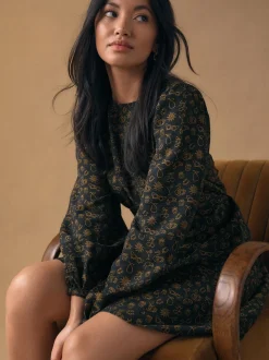 Imprimé croissant noir - Mini robe à manches longues avec coutures