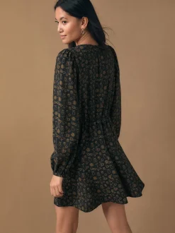 Imprimé croissant noir - Mini robe à manches longues avec coutures