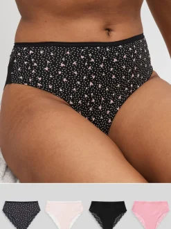 Imprimé cœurs noir/rose - Lot de 4 culottes en coton et dentelle