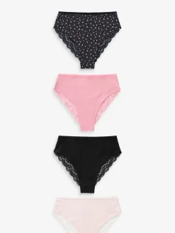 Imprimé cœurs noir/rose - Lot de 4 culottes en coton et dentelle