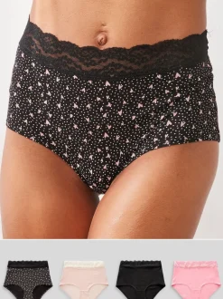 Imprimé cœurs noir/rose - Lot de 4 culottes en coton et dentelle