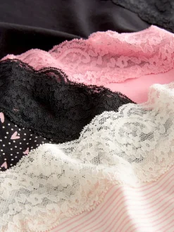 Imprimé cœurs noir/rose - Lot de 4 culottes en coton et dentelle