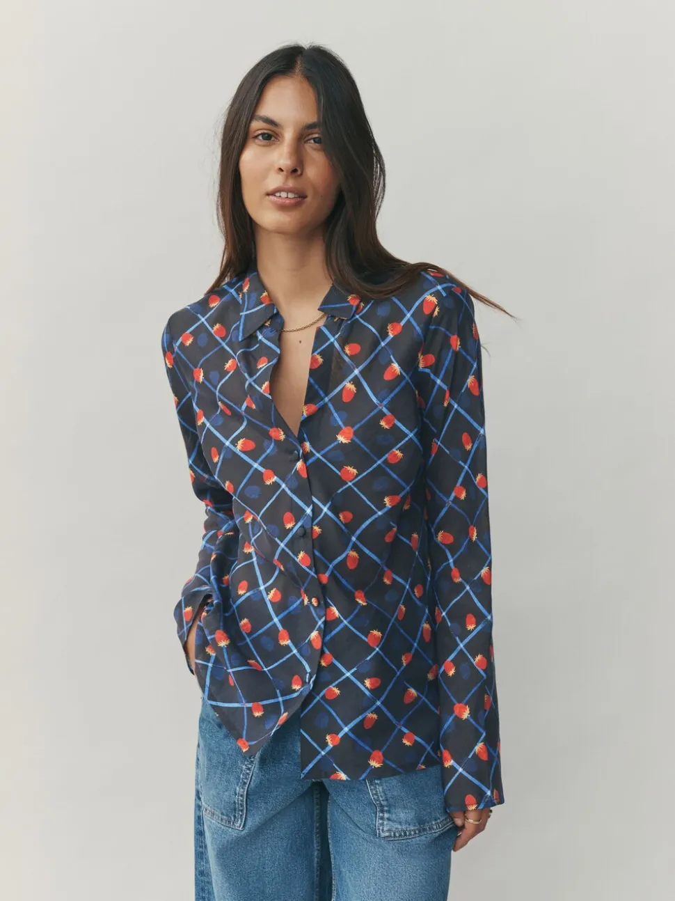 Imprimé fruit à carreaux - Chemise à col en V en Blend Lyocell