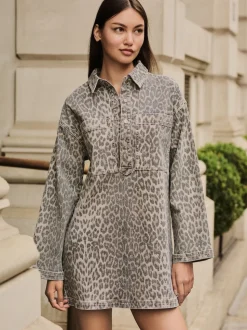 Imprimé Léopard - Mini robe utilitaire en Denim à manches longues